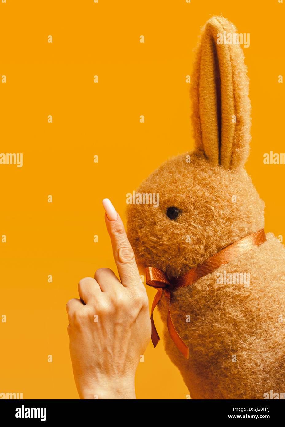 Creative Easter Minimal Concept. A woman's hand shows the rabbit to be quiet. An interesting idea on Blazing Orange background. The puffy brown bunny Stock Photo