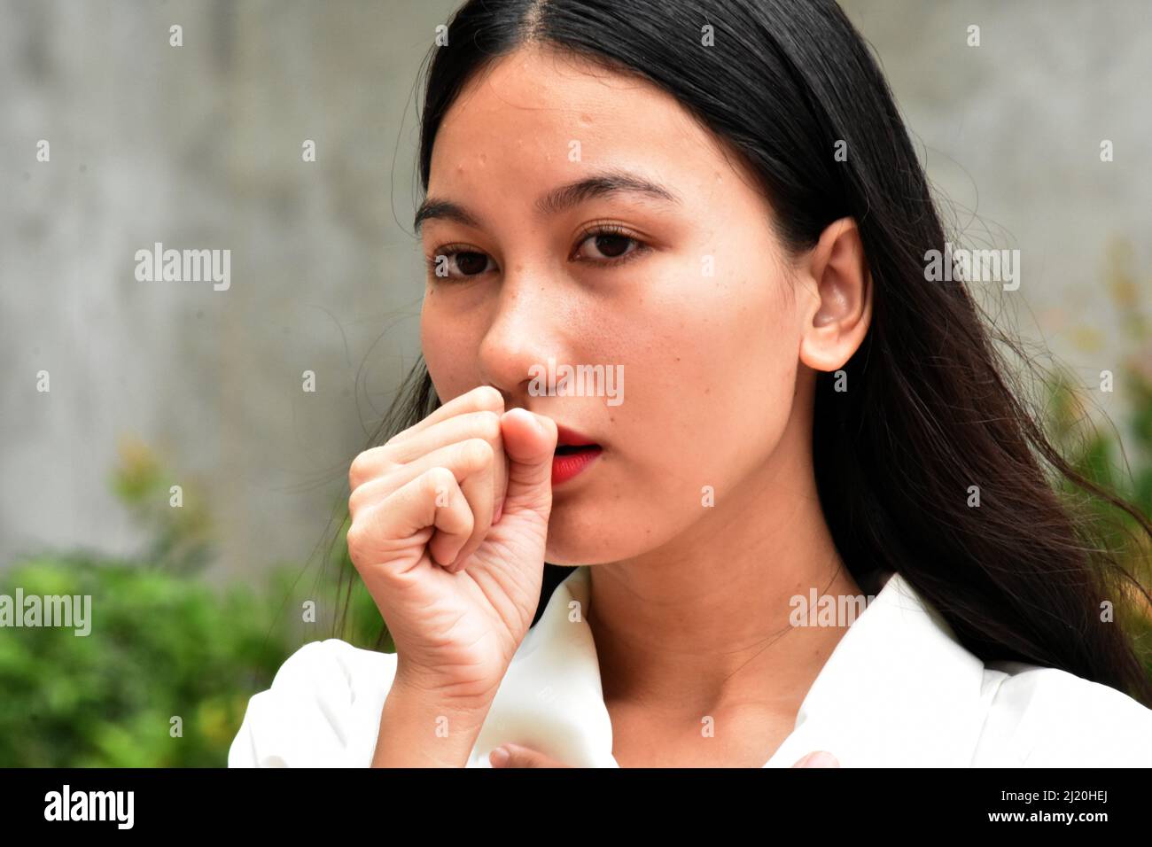 Sick Asian Woman Coughing With Covid Stock Photo