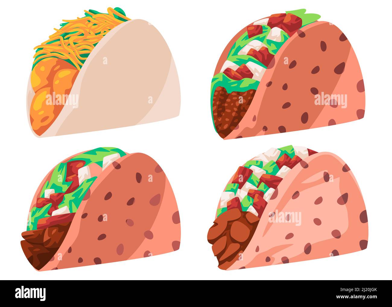 Taco mexican fastfood south american tortilla cheese meat drawing illustration Stock Vector