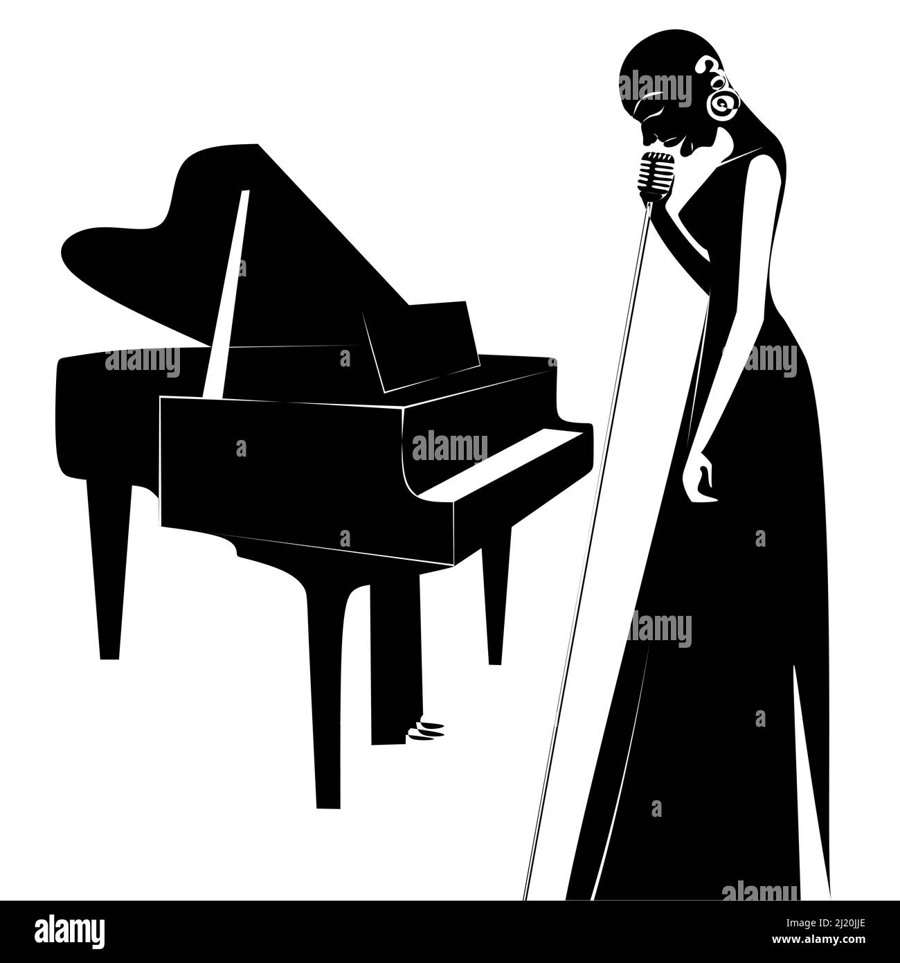 African bald women jazz singer with retro microphone on the background of the piano in flat style silhouette black and white continuous line illustrat Stock Vector