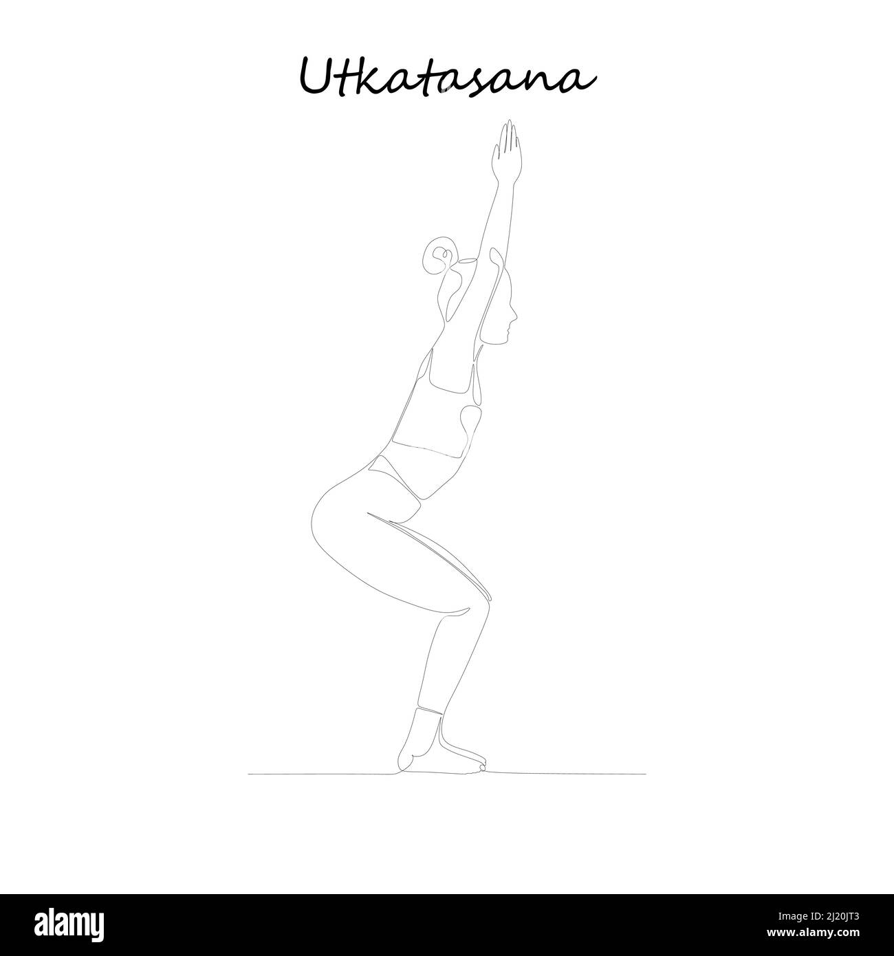 Continuous line drawing. Young woman making yoga exercise, silhouette picture. Oneline drawn black and white illustration. Utkatasana Stock Vector