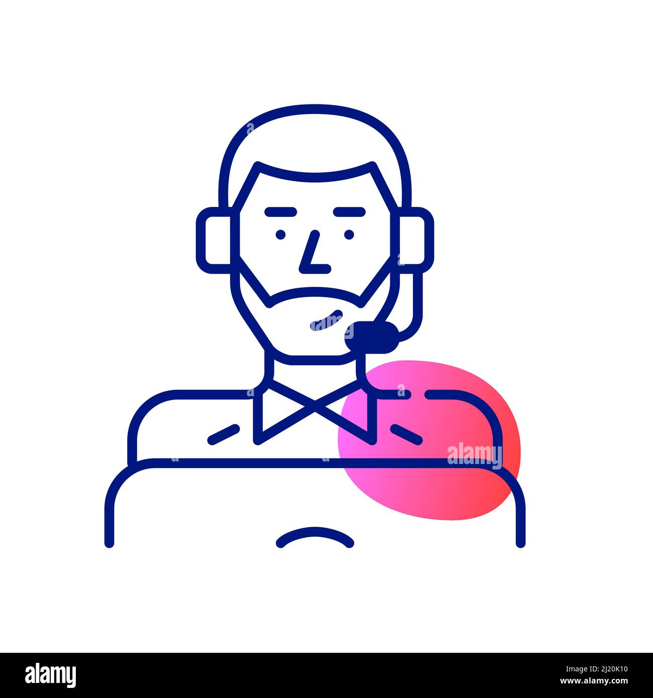 Young professional man wearing headset working as a call center agent. Pixel perfect, editable stroke, line art icon Stock Vector