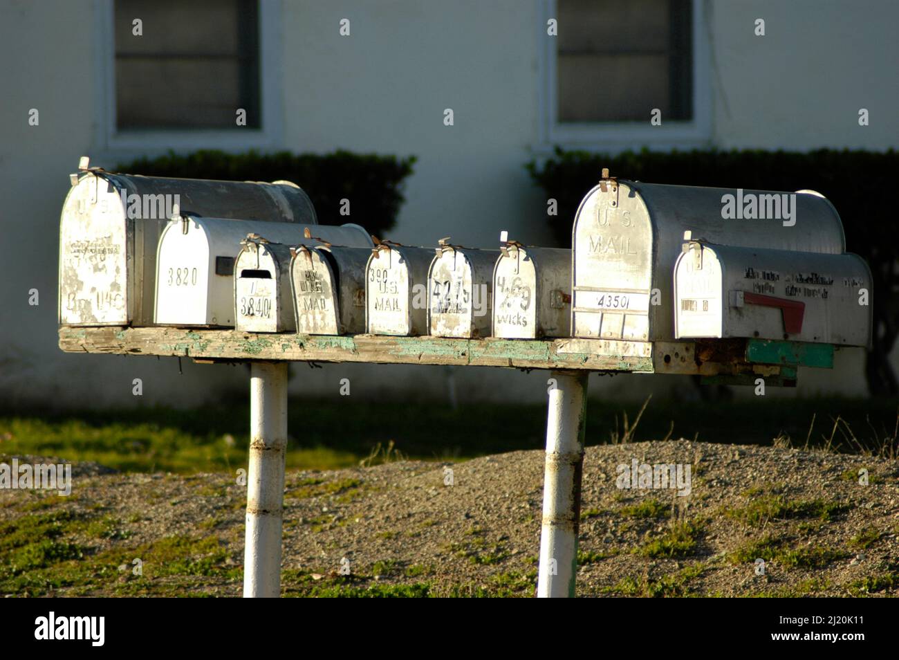 Row of Mail boxes on rural route in farm land of central California, Santa Maria, California