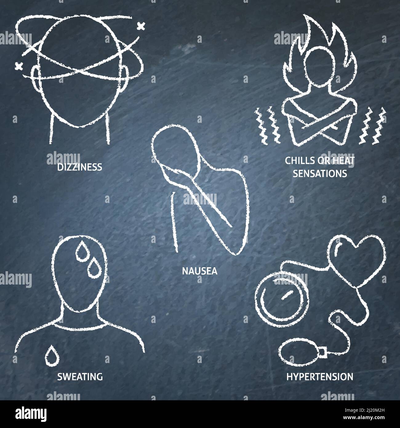 Chalkboard illness symptoms icon set. Chills or heat sensations