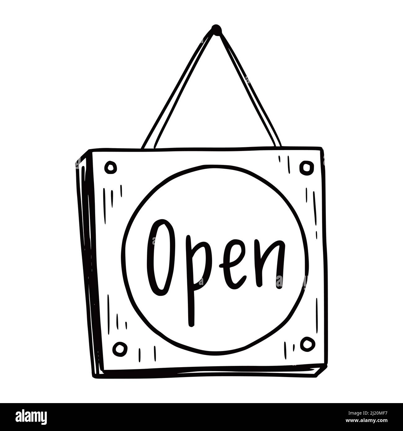 Hand drawn open sign element. Doodle sketch style. Shop door or window