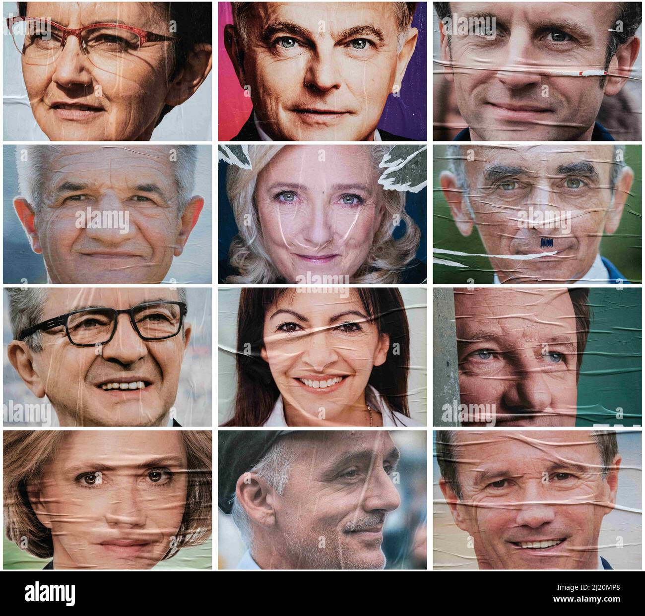 Patchwork with Nathalie ARTHAUD, Fabien ROUSSEL, Emmanuel MACRON, Jean LASSALLE, Marine LE PEN, Eric ZEMMOUR, Jean-Luc MELENCHON, Anne HIDALGO. Fifteen days before the first round of the 2022 presidential elections, the official panels are available for the posters of each candidate. Toulouse, France, March 28, 2022. Monday 28th March marks the official beginning of presidential campaign season. The number of candidates running has already been cut down to 12 after a number of figures failed to gather enough parrainages, or signatures of support. Photo by Patrick Batard/ABACAPRESS.COM Stock Photo