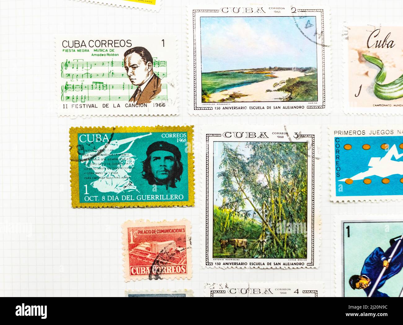 cuban Cuba vintage stamps in a stamp album collection che gavara Stock Photo