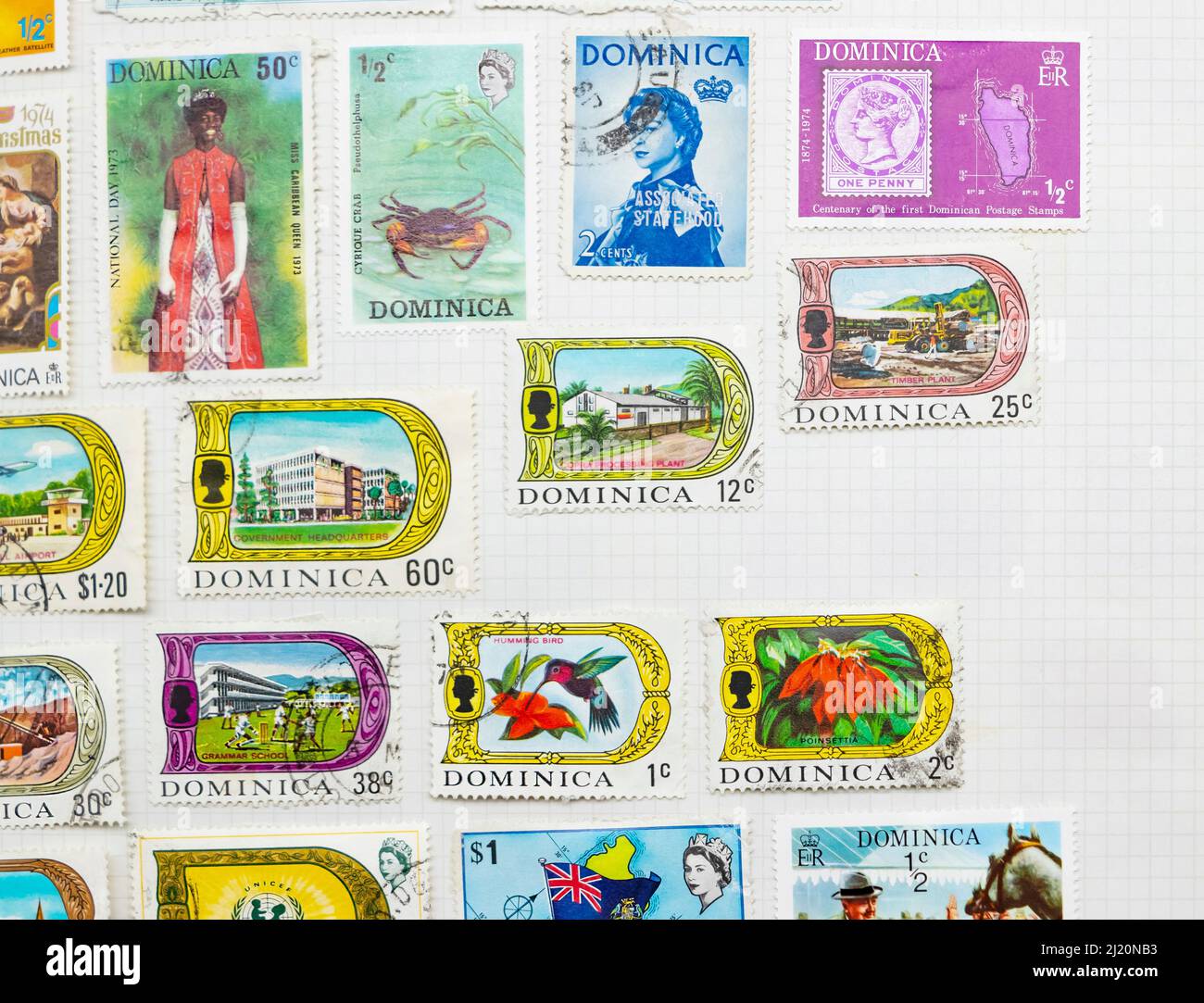 Dominica vintage stamps in a stamp album collection Stock Photo