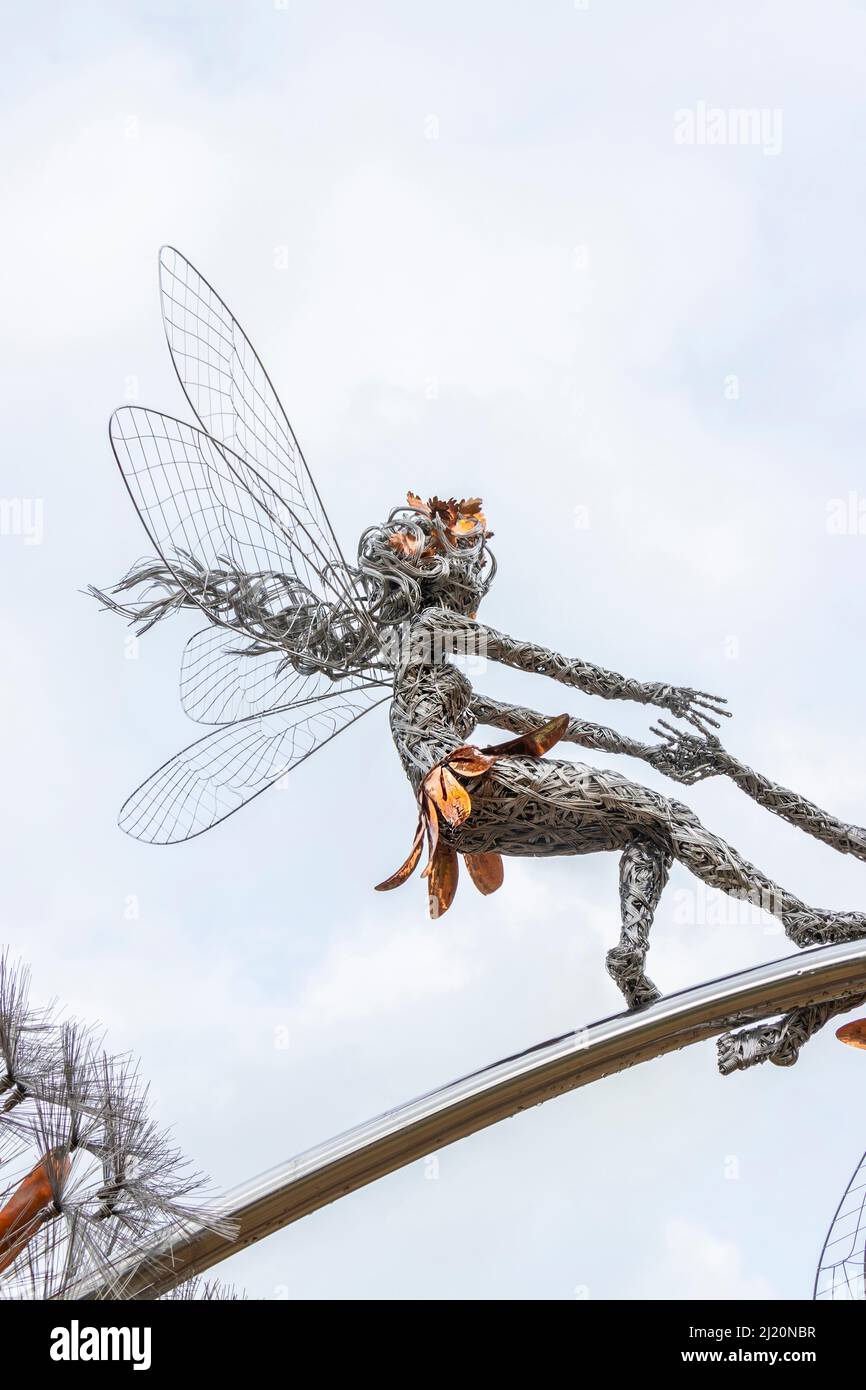 wire sculpture of fairies and dandelion clock in Trentham Gardens