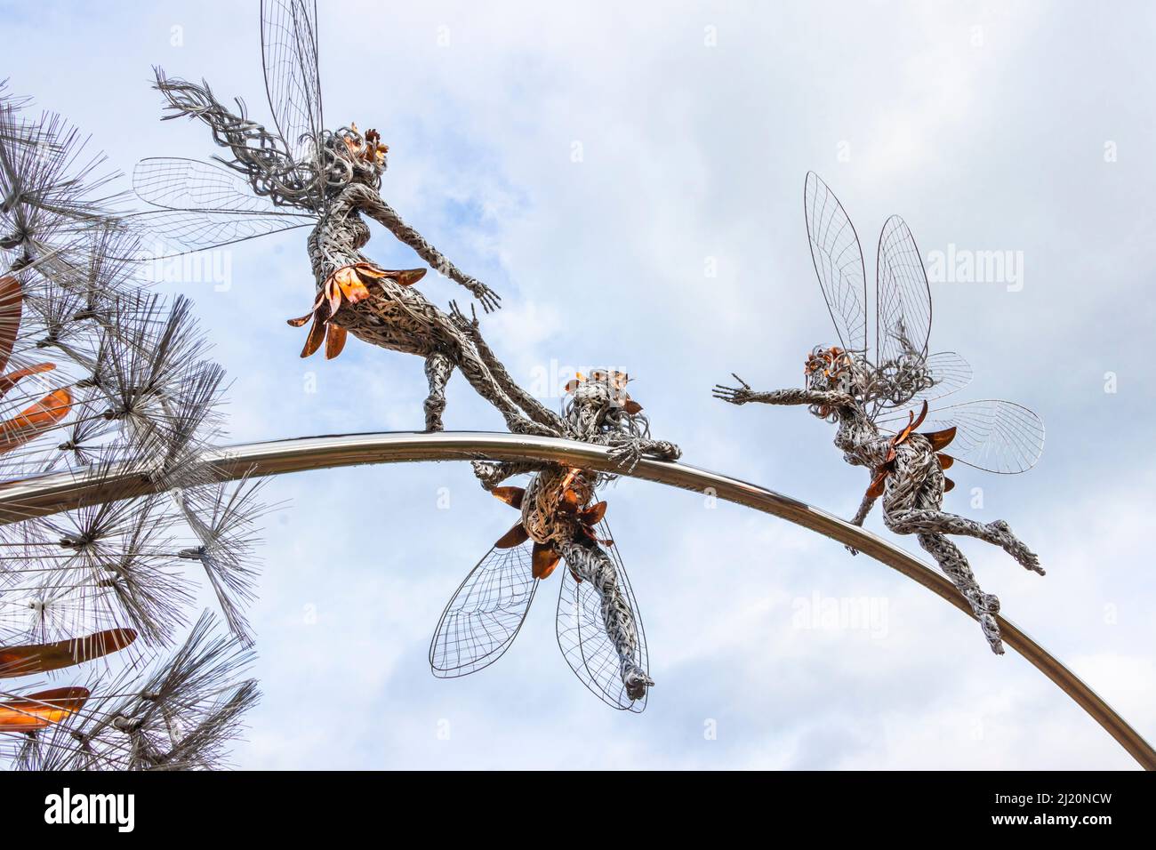 wire sculpture of fairies and dandelion clock in Trentham Gardens