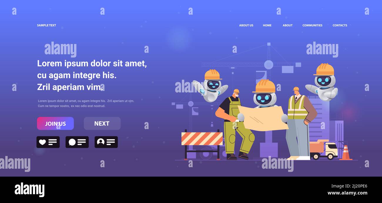 construction workers with robots holding blueprint industrial
