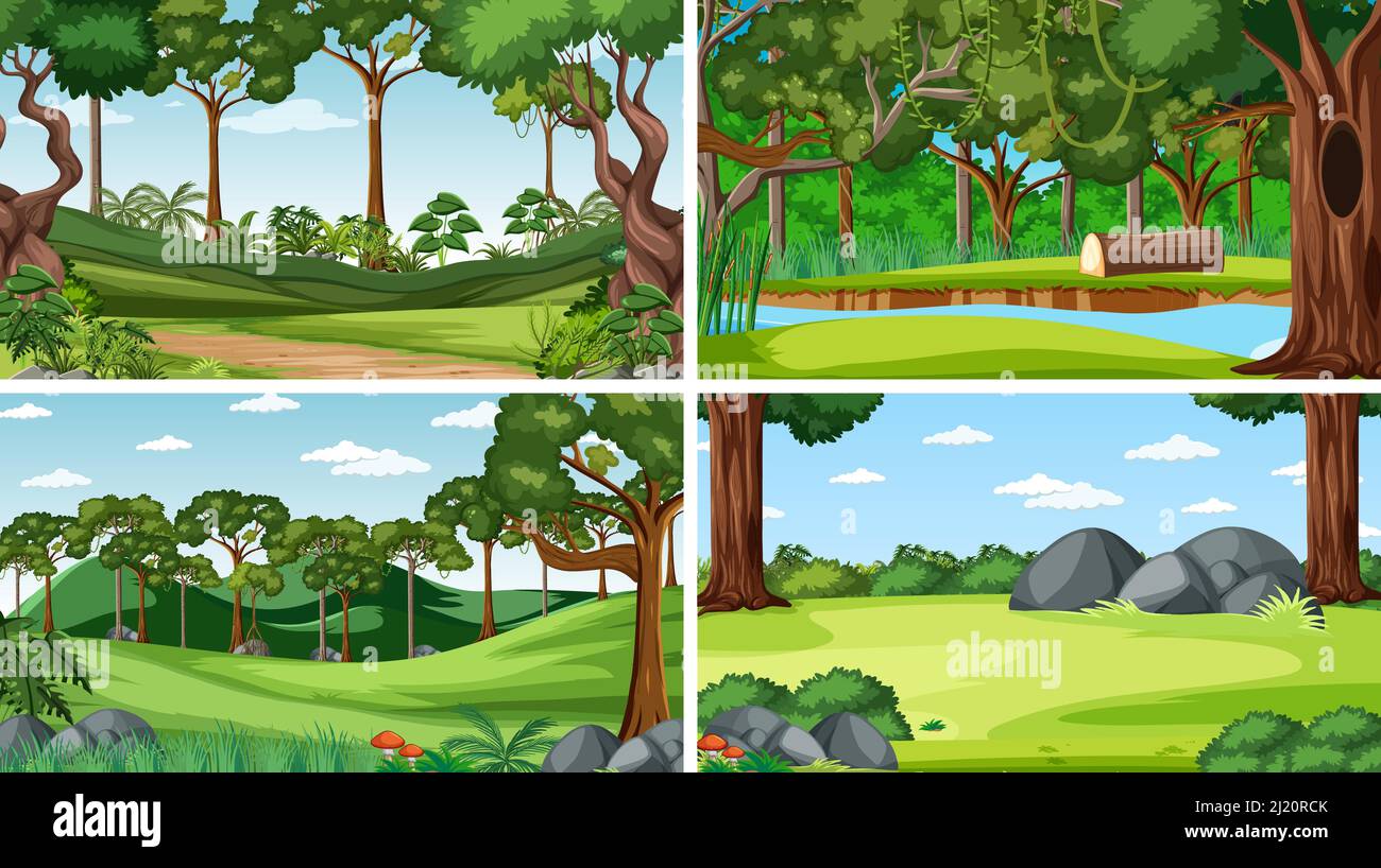 Four forest scenes with trees and river illustration Stock Vector Image ...
