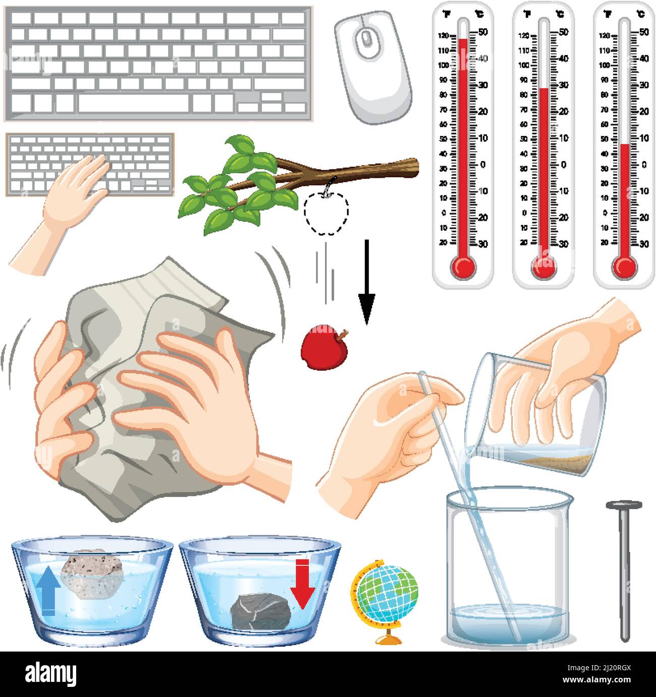 Different science equipments on white background illustration Stock Vector