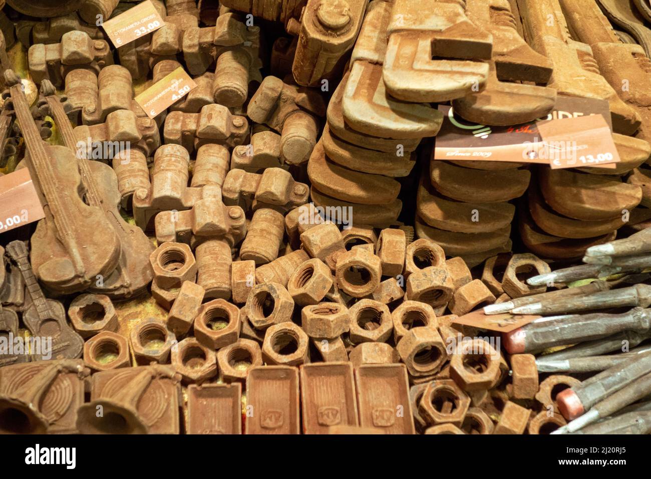 Tools made from Chocolate for sale at one of the many Christmas Markets held each December in Vienna, Austria, December 10, 2019. Stock Photo