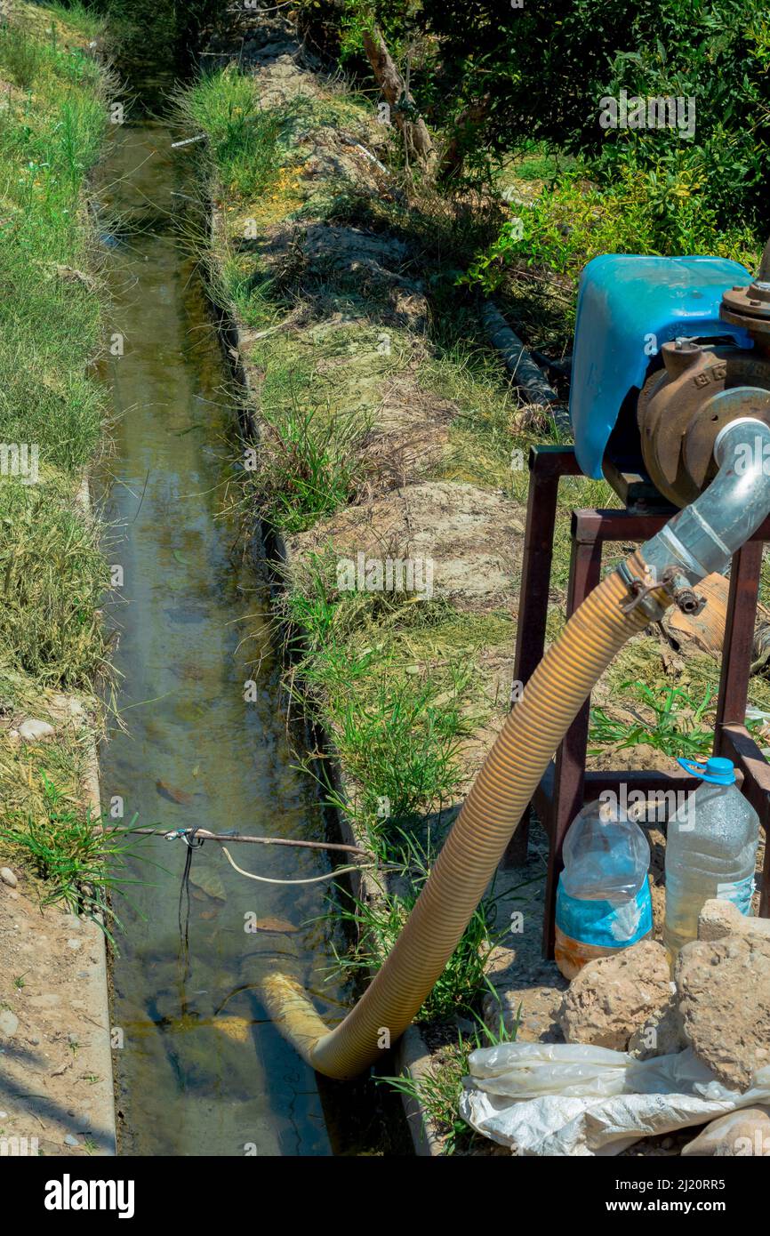 water pump used to irrigate the orchard. Selective Focus Stock Photo