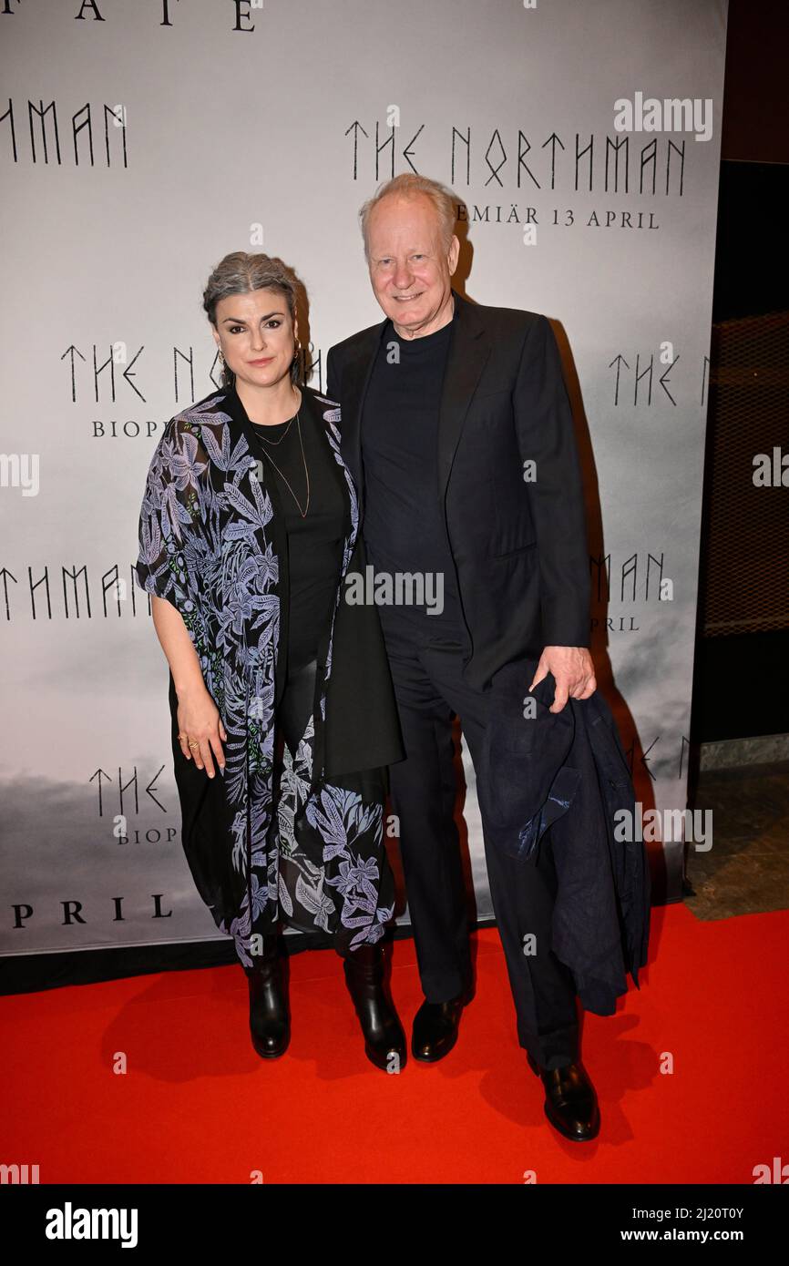 Megan Everett and Stellan Skarsgard arrive at the gala premiere of the film The Northmanin