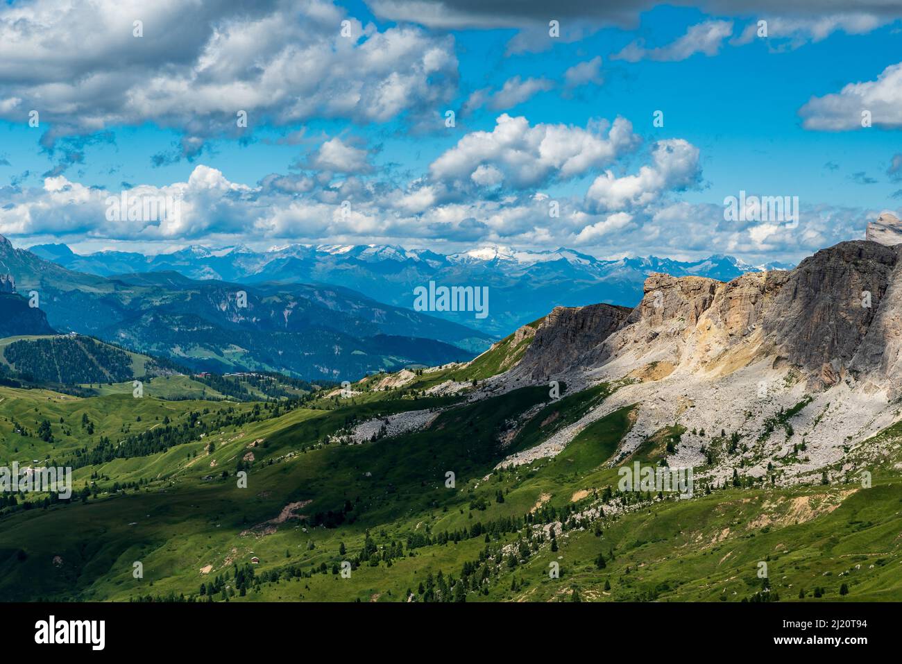 View to Zillertal Alps with glaciers from Sief mountain peak in the Dolomites during beautiful summer day Stock Photo