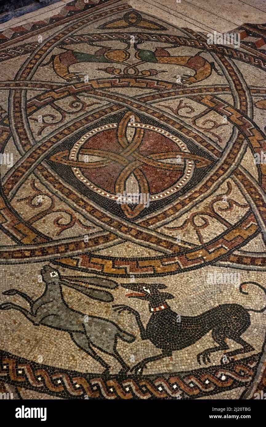 A black dog pursuing a grey hare and a pair of cats (top), tails entwined.  Medieval mosaic in restored late-1000s or early 1100s pavement in former Benedictine abbey church at Sorde l'Abbaye, Landes, Nouvelle-Aquitaine, France. Stock Photo