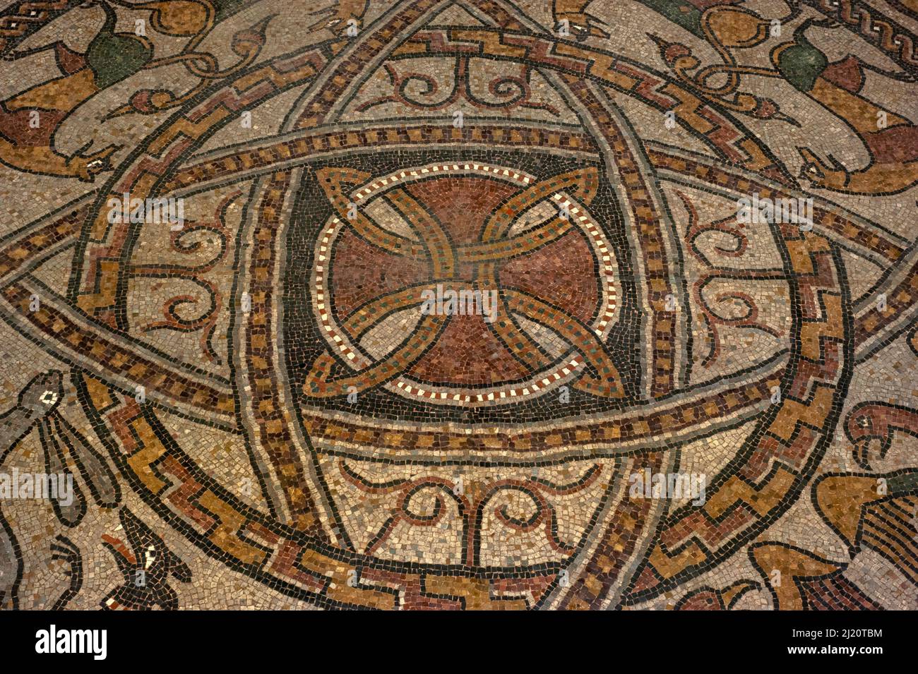 Interlaced decorative bands, surrounded by animals and birds.  Centre of medieval mosaic in restored late-1000s or early 1100s pavement in former Benedictine abbey church at Sorde l'Abbaye, Landes, Nouvelle-Aquitaine, France. Stock Photo