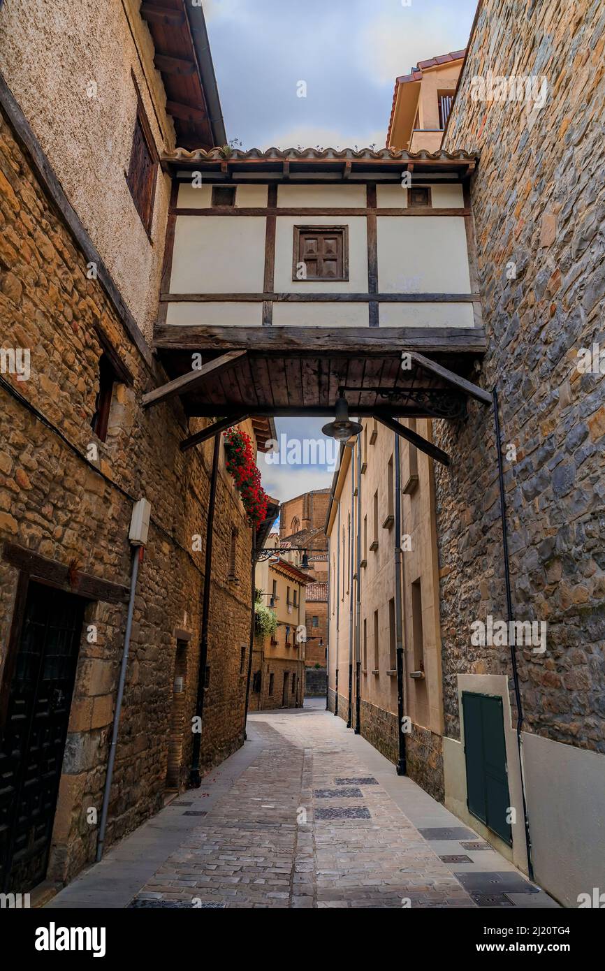 Old stone house facades in the old town or Casco Viejo in Pamplona, Spain  famous for running of the bulls Stock Photo - Alamy