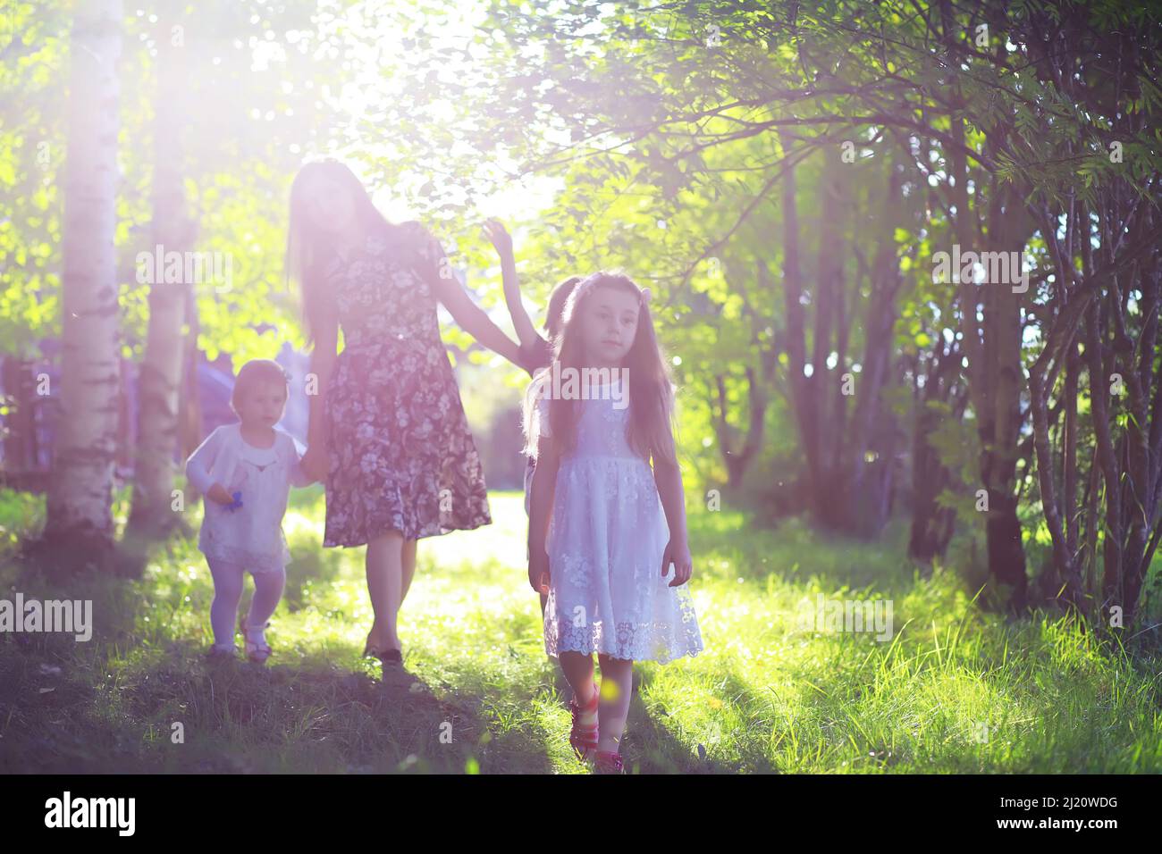 Young large family on a summer morning walk. Beautiful mother with ...