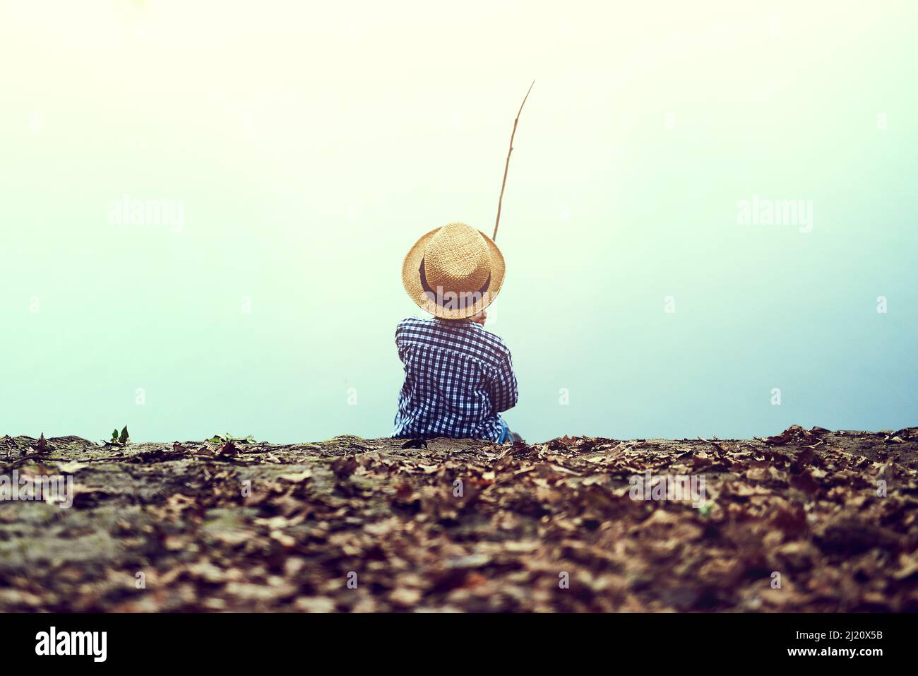 My all-time favourite thing to do is fishing. Rearview shot of a little boy fishing in the forest. Stock Photo