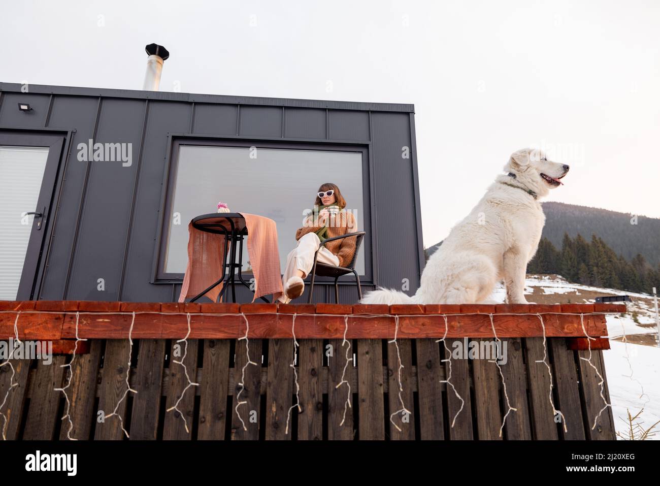 Woman with her dog resting on terrace of tiny house on nature Stock ...