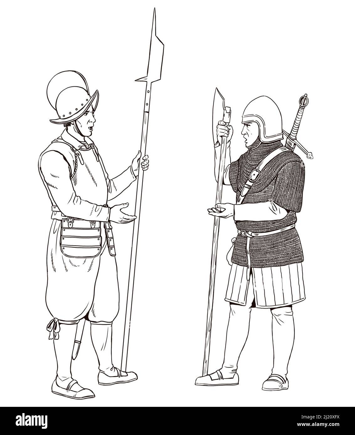 Irish warrior gallowglass and english soldier. Elite mercenary warriors. Medieval knight illustration. Stock Photo