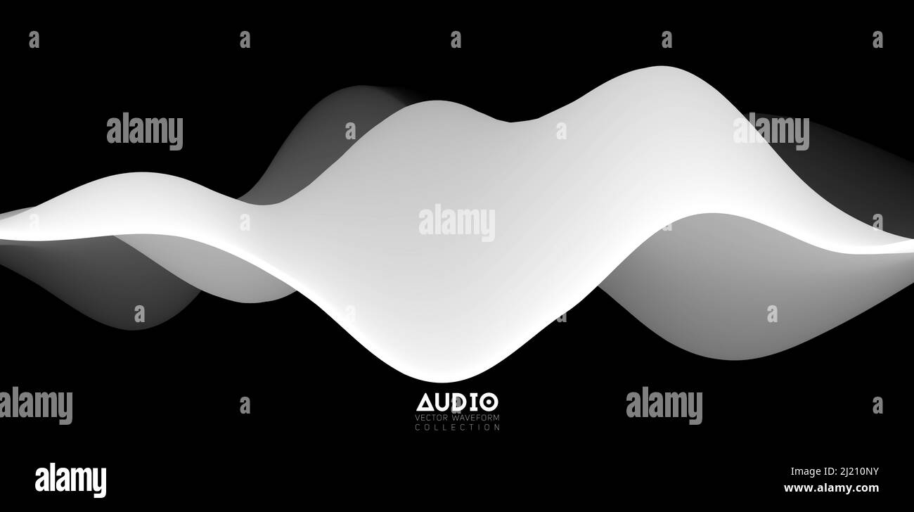 Sound wave visualiztion. 3D black and white solid waveform. Voice sample pattern. Stock Vector