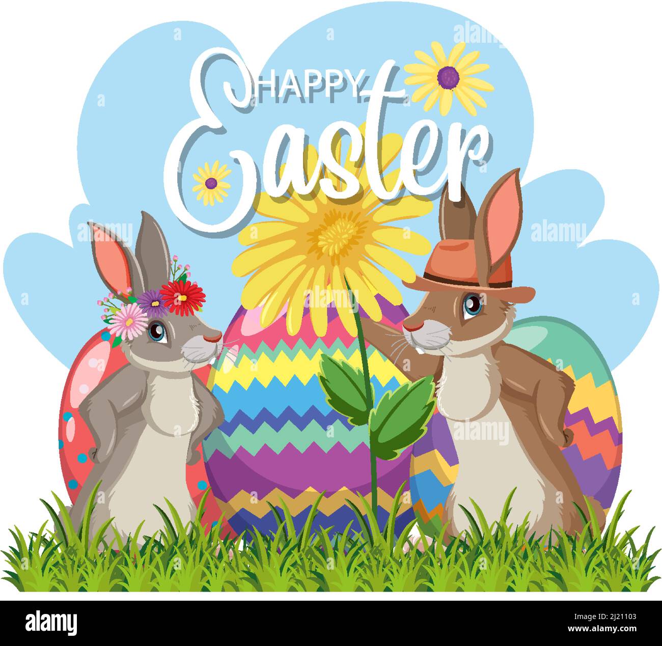 Happy Easter design with bunnies and eggs illustration Stock Vector
