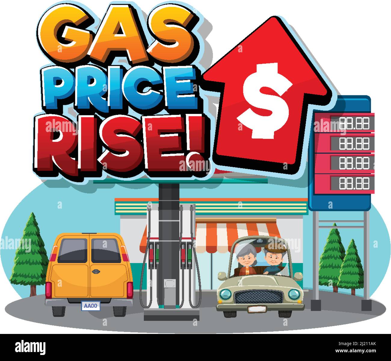 Gas station with gas price rise word logo illustration Stock Vector