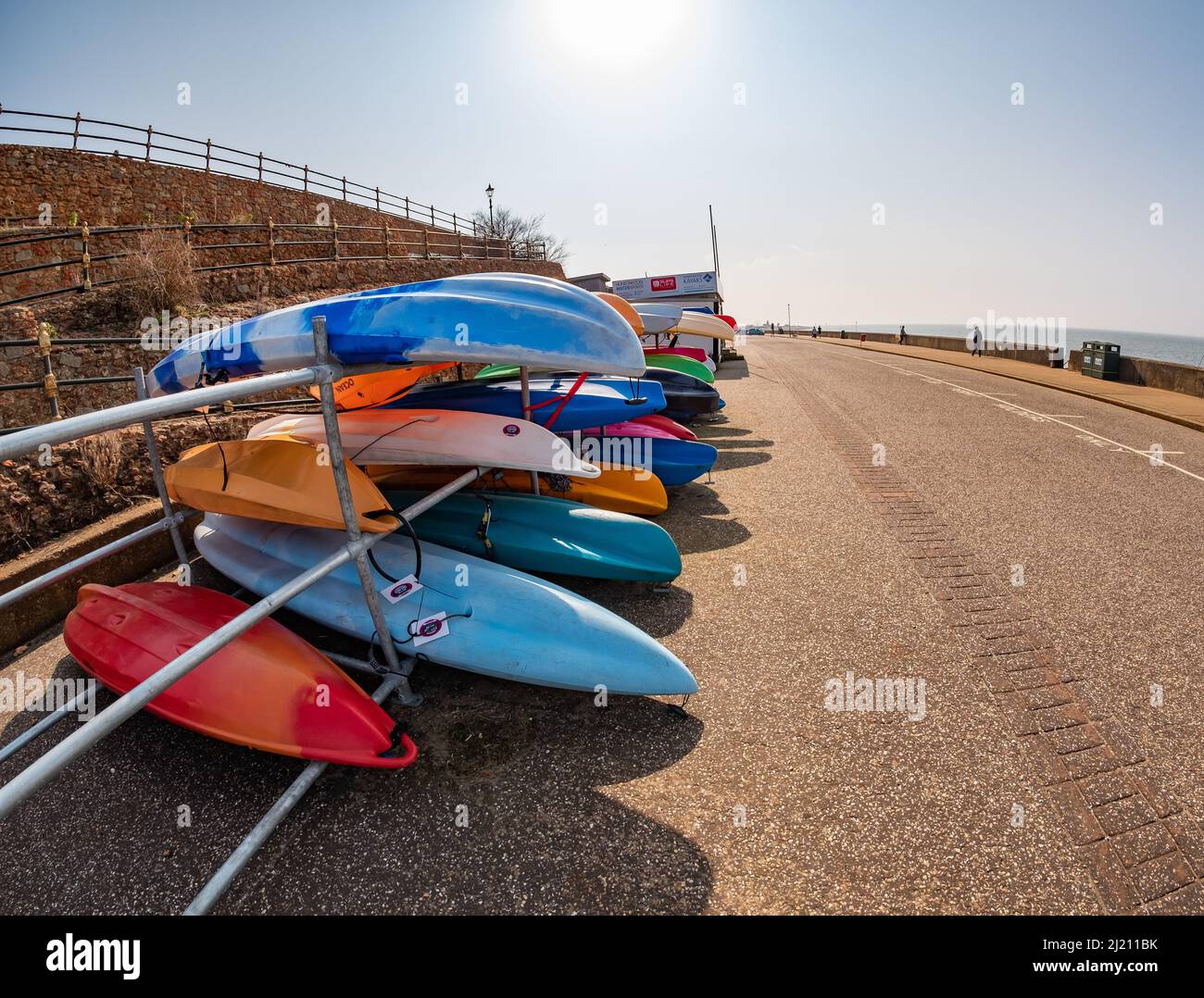Ultra wide angle fisheye view of canoes and kayaks on Hunstanton