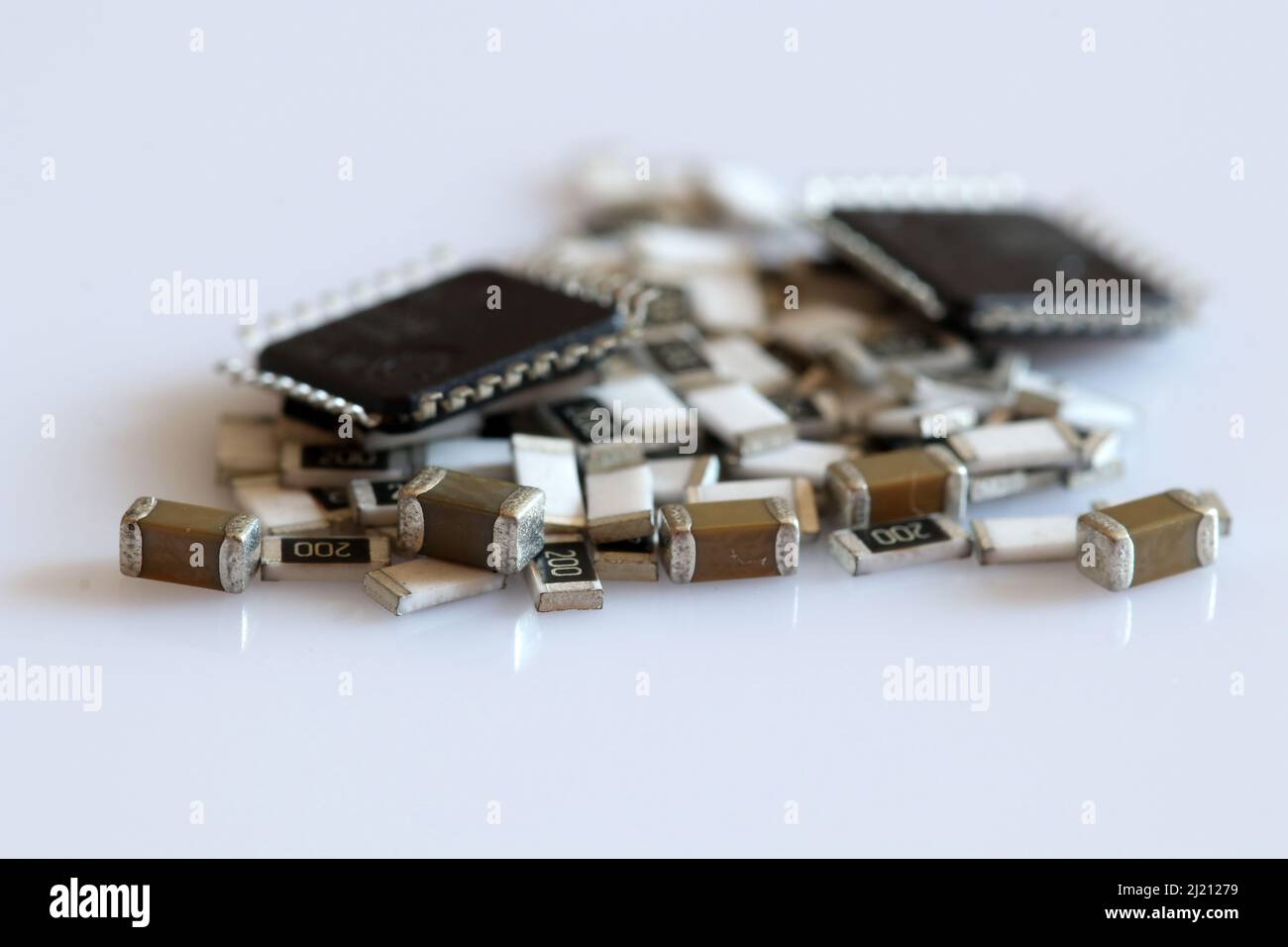 SMD electronic parts on white background. Stock Photo