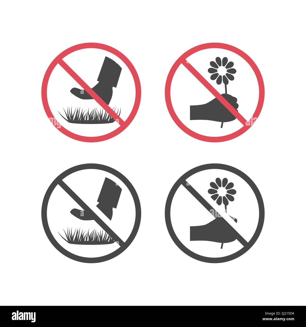 Do not pick the flowers and keep off grass sign. Red prohibition vector sign no walking on lawns, no picking. Stock Vector
