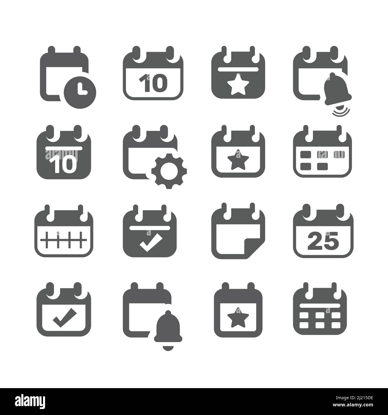 Calendar page black vector icon set. Date schedule filled icons. Stock Vector