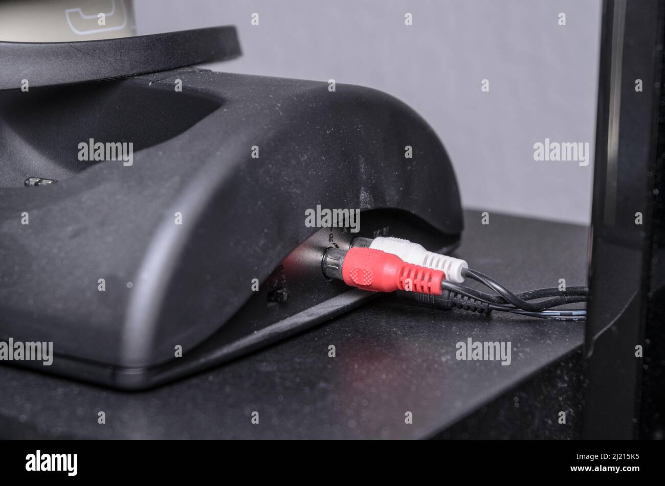 Wireless radio headphone set with red and white audio cables connected