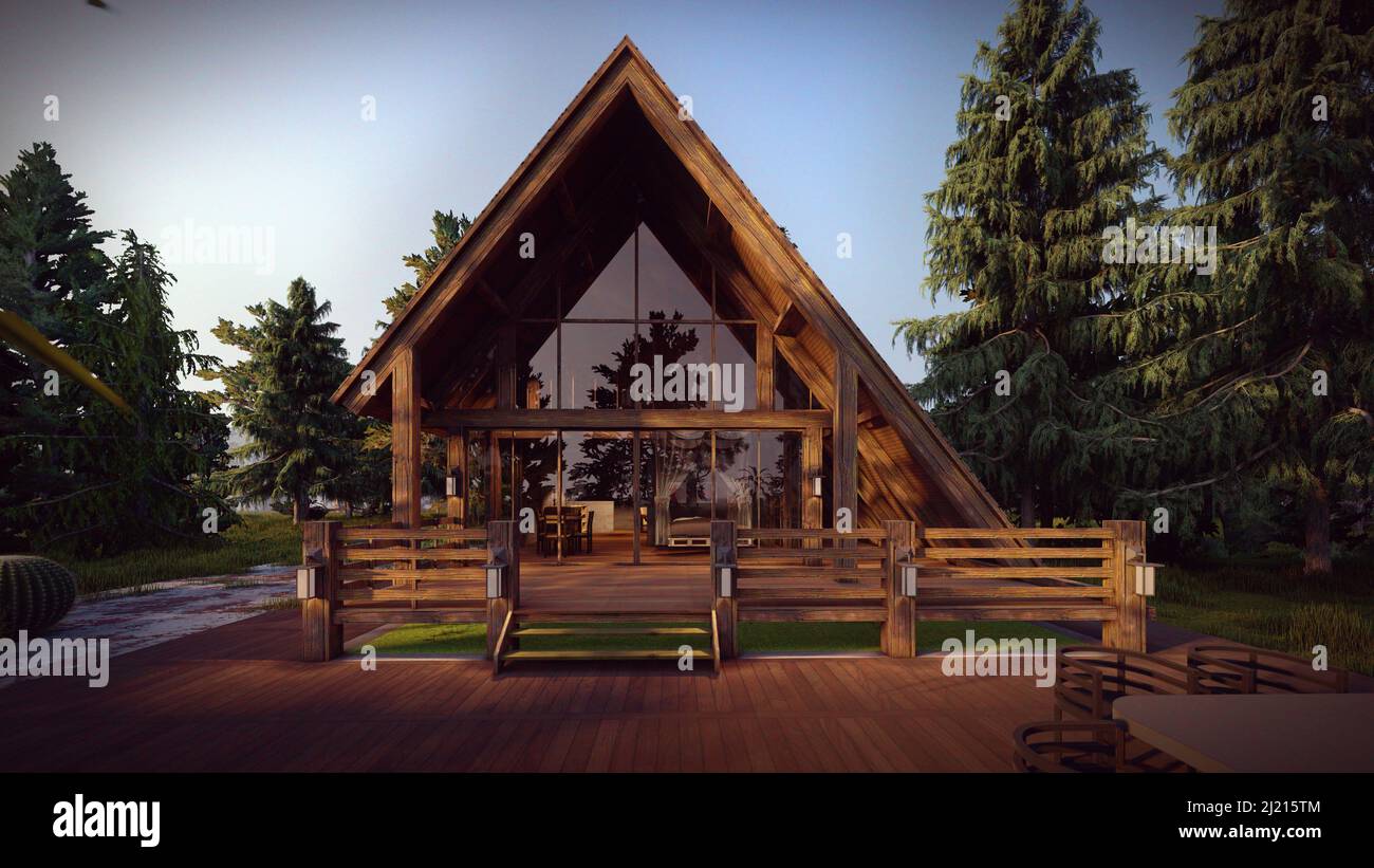 A 3D rendering illustration of a wooden house in the forest Stock Photo ...