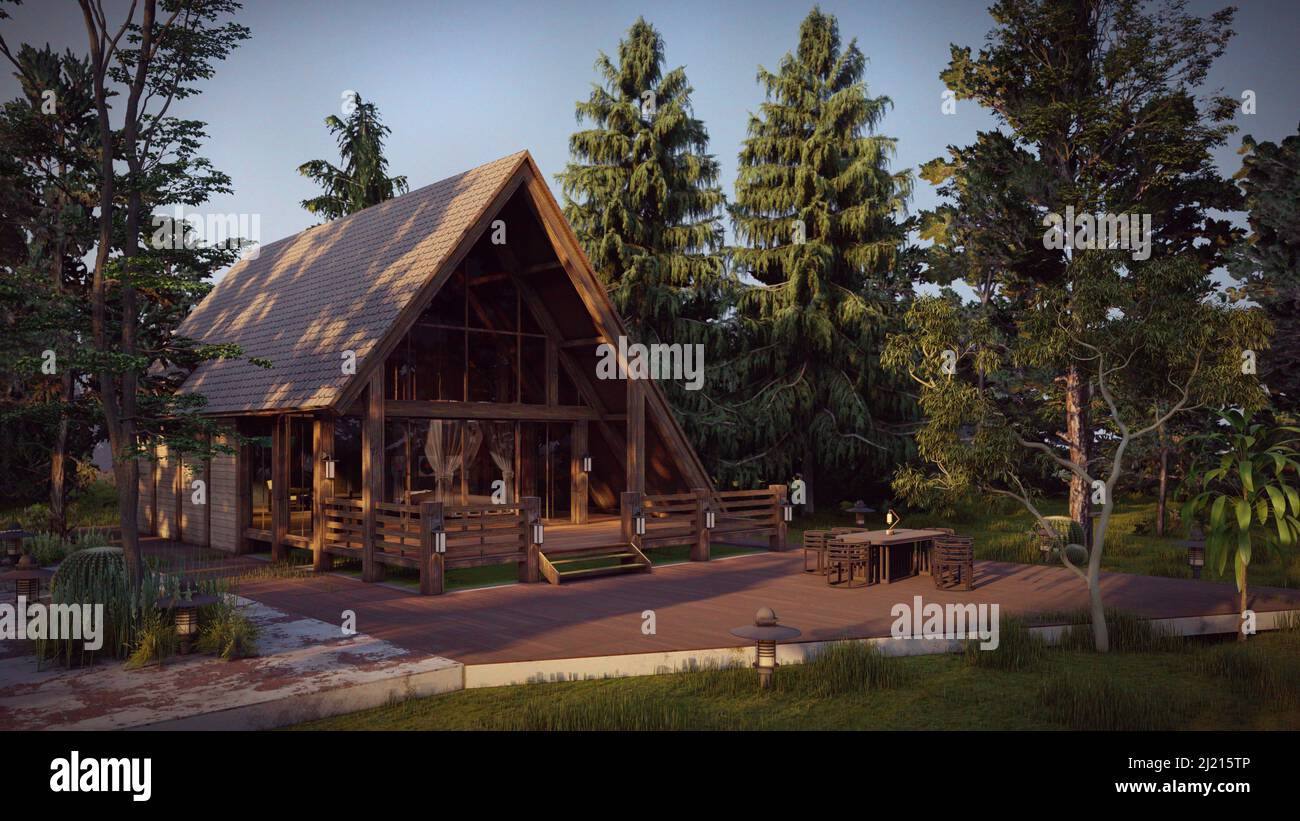 A 3D rendering illustration of a wooden house in the forest Stock Photo ...
