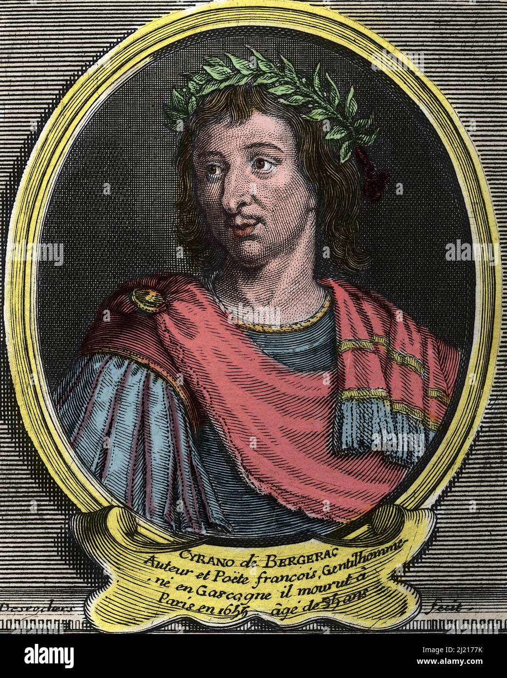 Portrait de Hercule Savinien de Cyrano de Bergerac (1619 - 1655) ecrivain francais .Gravure du 18eme siecle . Stock Photo