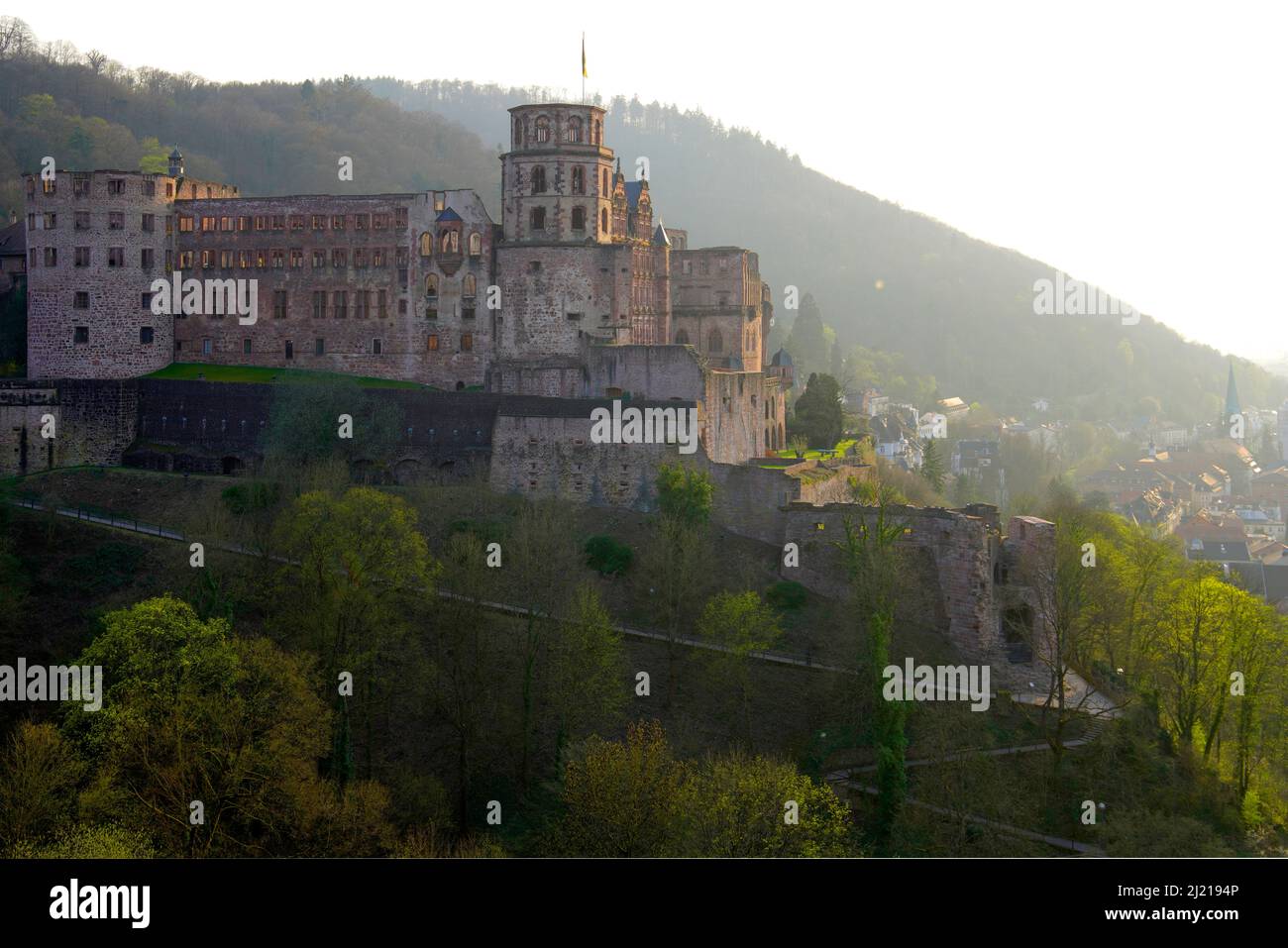Elevated view of medieval Heidelberg town. Heidelberg is a town on the Neckar river in Baden-Württemberg, southwestern Germany. Stock Photo