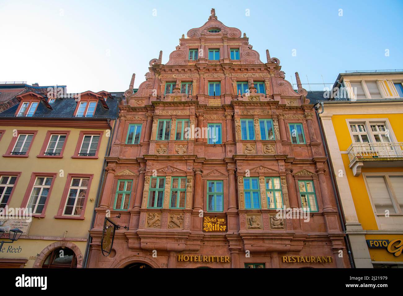 Hotel Zum Ritter St.Georg in Heidelberg old town. The historic town house in Renaissance style, was built in 1592 by the cloth merchant Carolus (Charl Stock Photo