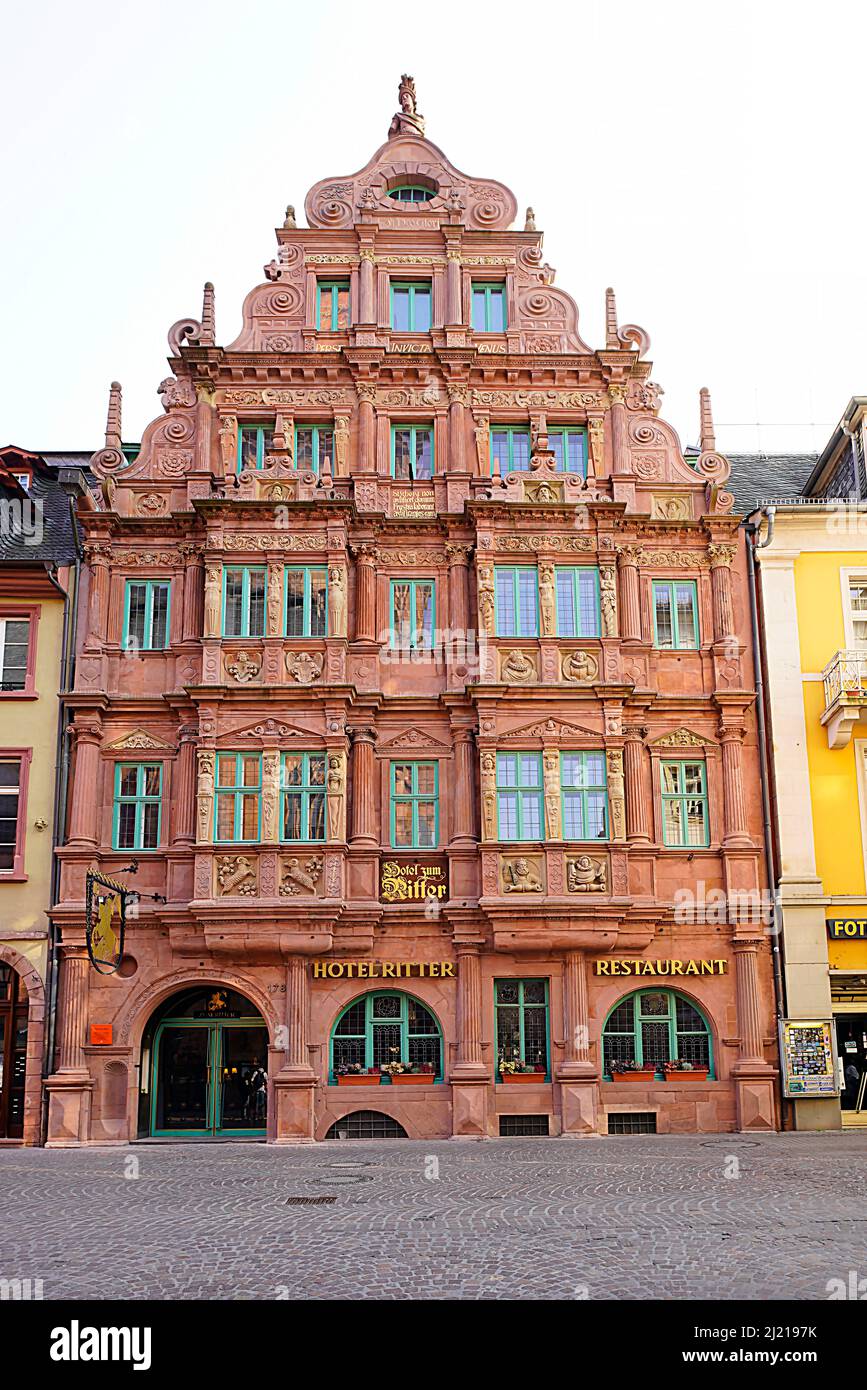 Hotel Zum Ritter St.Georg in Heidelberg old town. The historic town house in Renaissance style, was built in 1592 by the cloth merchant Carolus (Charl Stock Photo