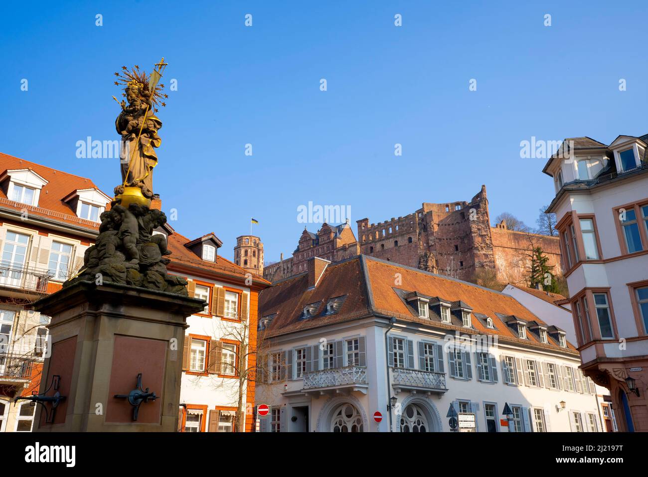 Mary column on the grain market, Heidelberg is a town on the Neckar River, Baden Württemberg in southwestern Germany. Stock Photo