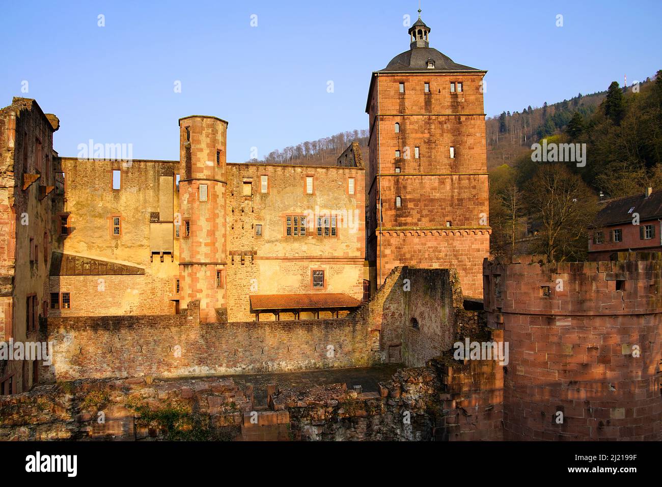 Heidelberg Castle (Heidelberger Schloss) is a ruin in and landmark of Heidelberg, Baden Württemberg. The castle ruins are among the most important Ren Stock Photo