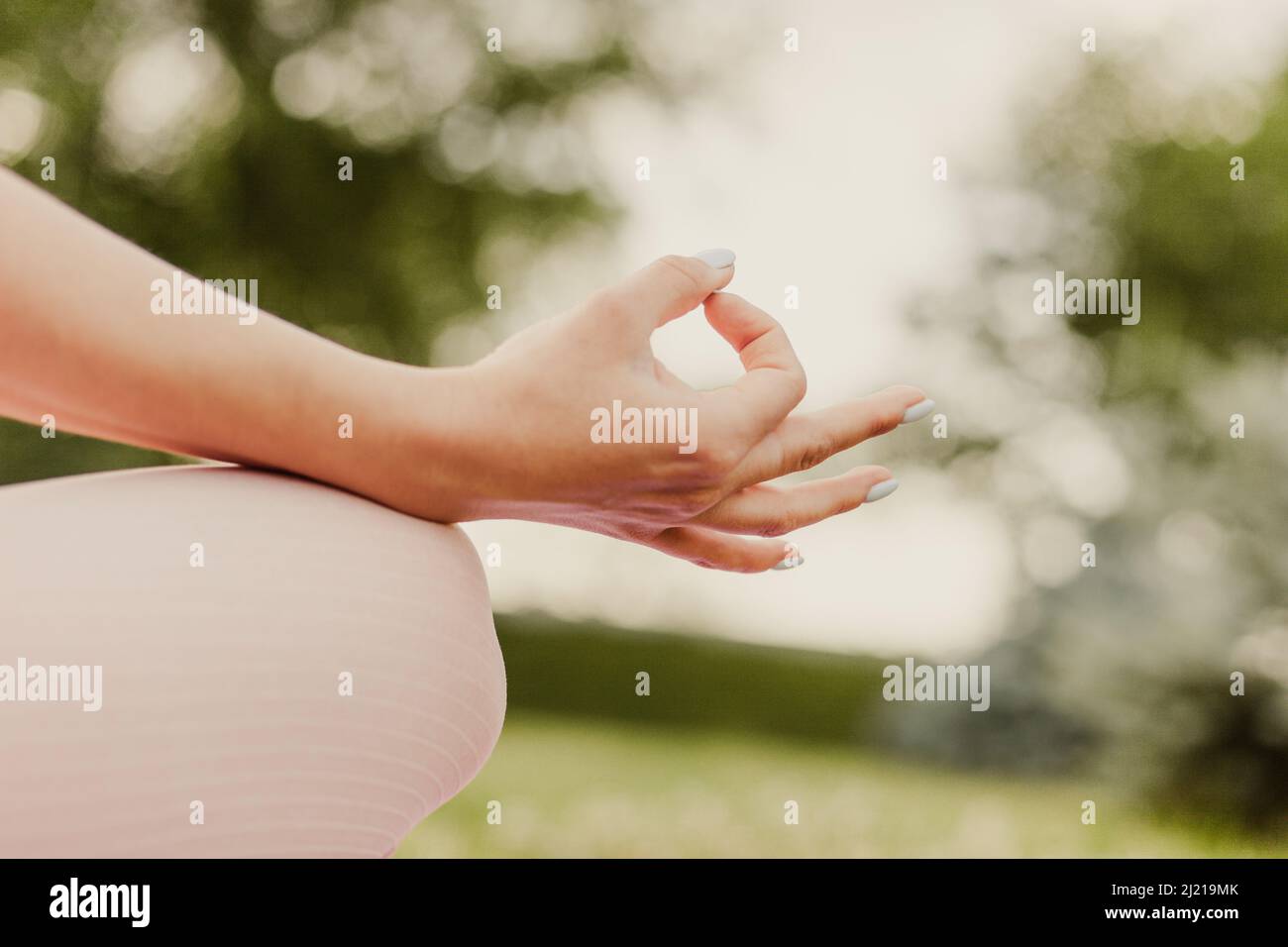 close-up of woman index finger and thumb in symbol of meditation and contemplation in park in summer Stock Photo