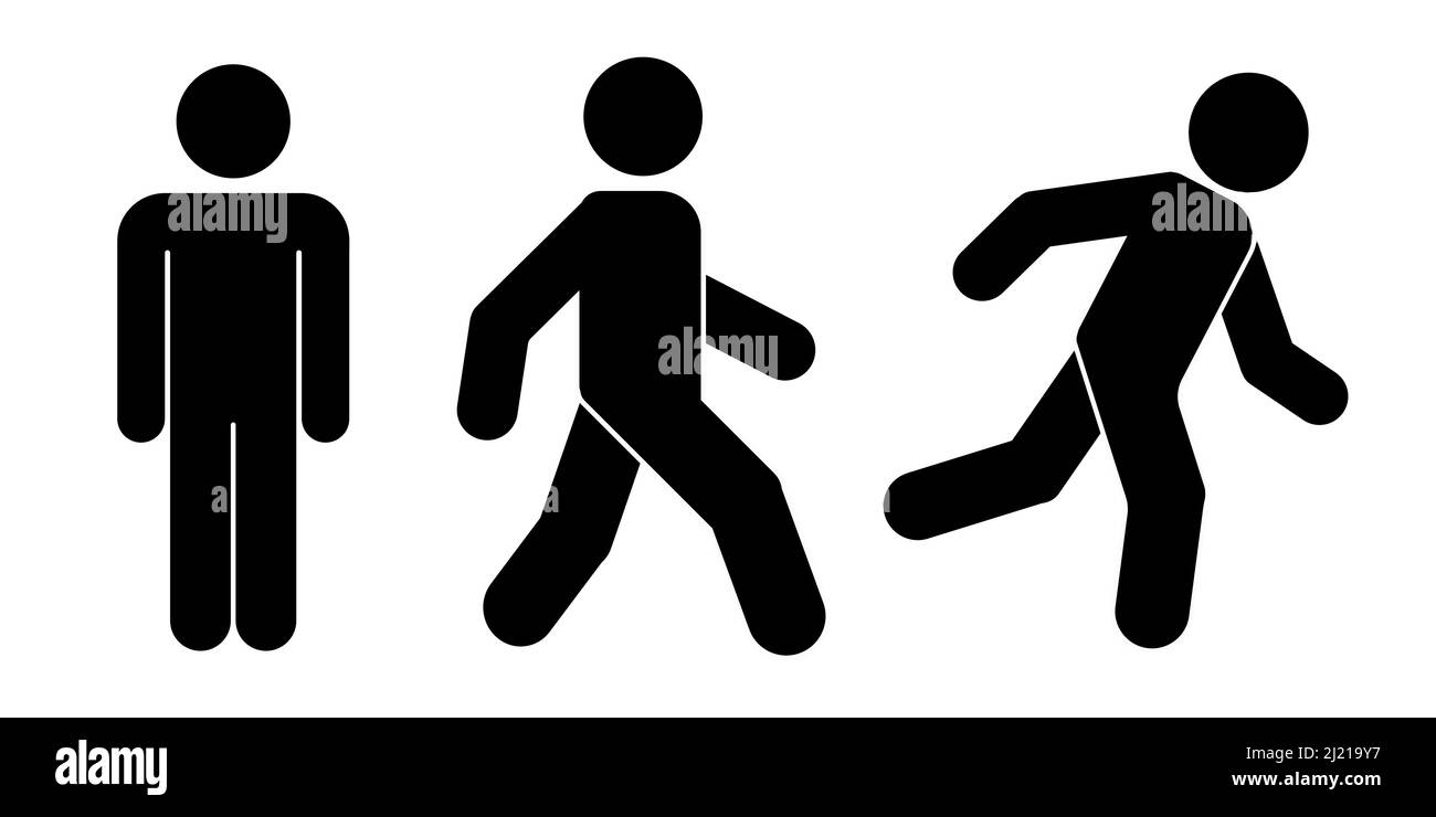 Man stands, walk and run icon set. People symbol. Person standing, walking and running illustration. Run, walk, stand Stock Vector