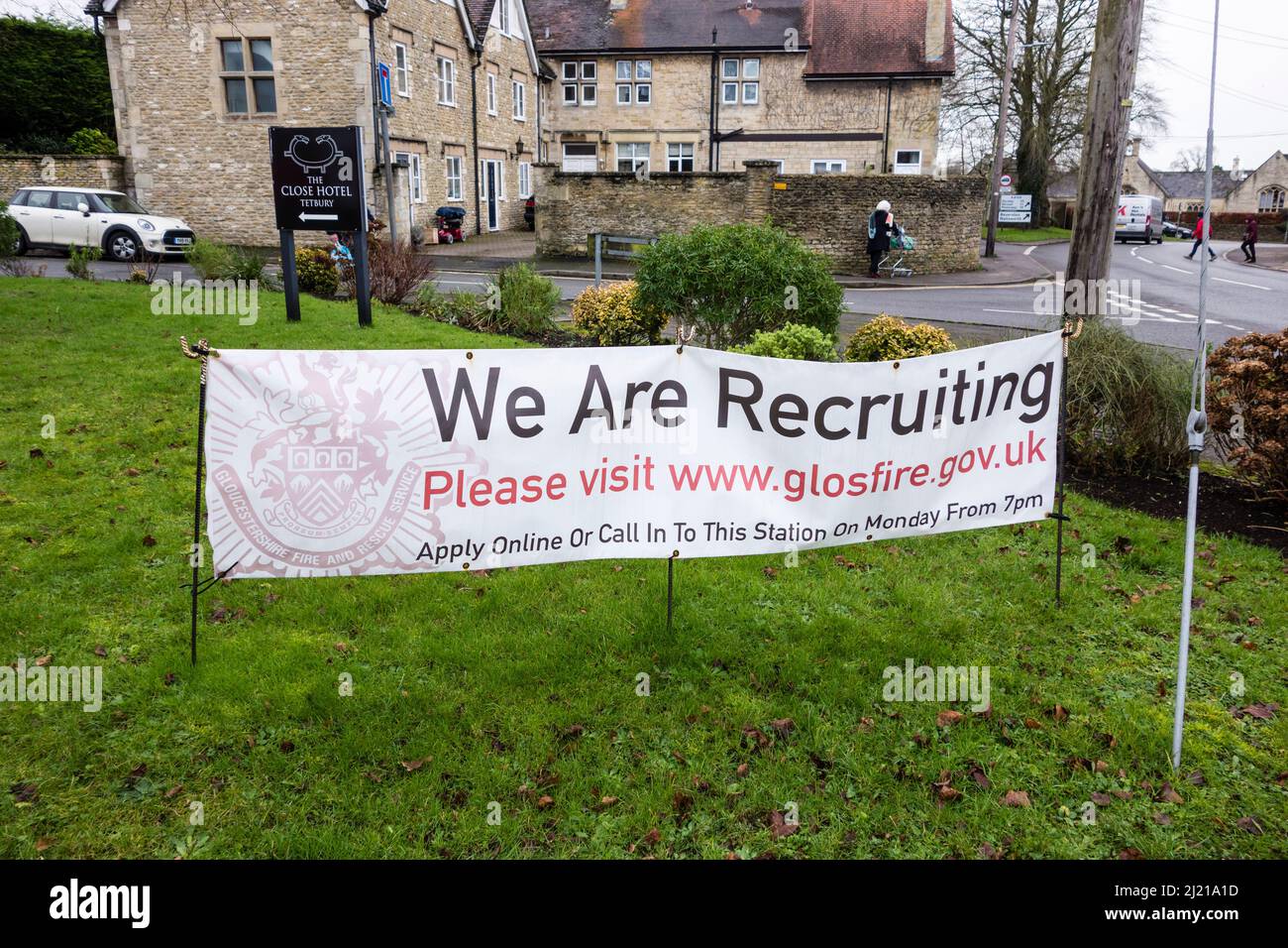 Gloucestershire Fire and Rescue Service's banner for recruitment, Tetbury, Gloucestershire Stock