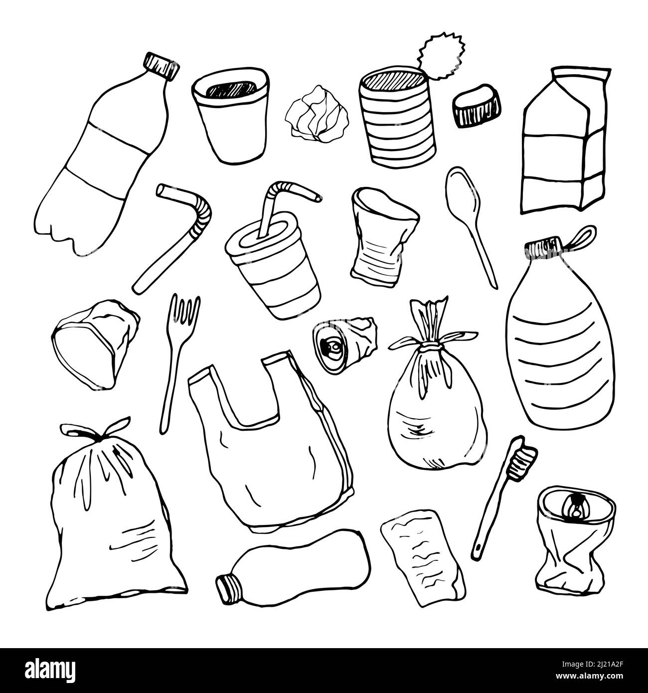 Hand drawn doodle Stop plastic pollution icons set.Vector illustration sketchy symbols collection.Cartoon concept elements Bag Bottle Recycle sign.Ico Stock Vector