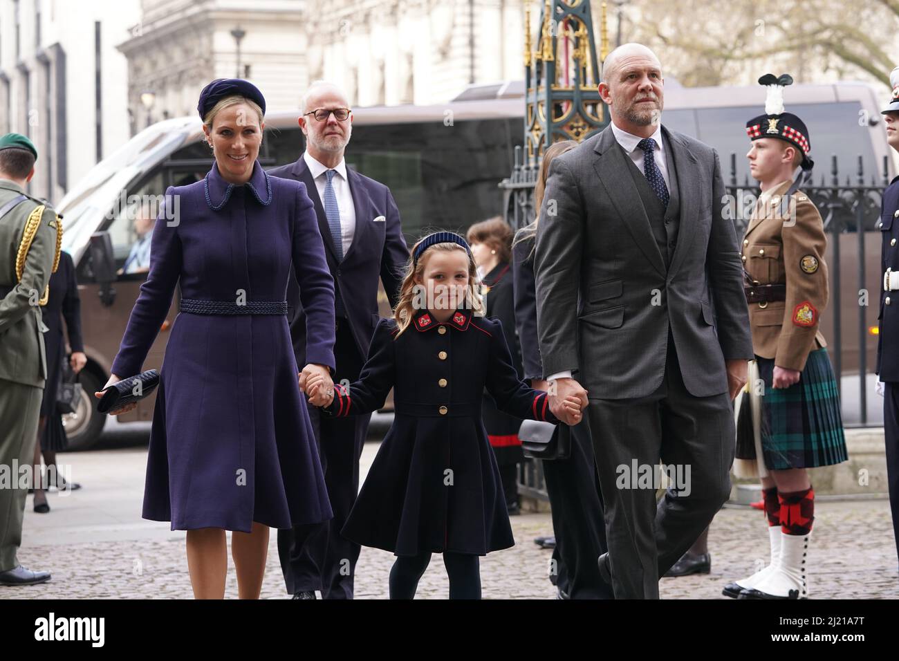 Zara, Mia and Mike Tindall arriving for a Service of Thanksgiving for