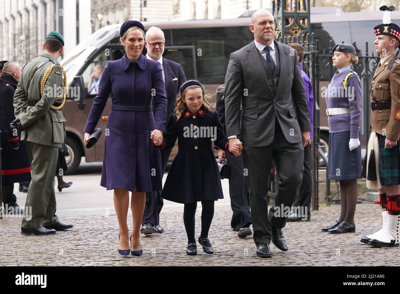 Zara, Mia and Mike Tindall arriving for a Service of Thanksgiving for